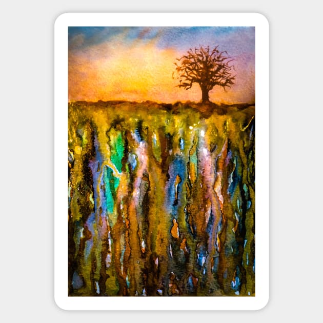 Watercolor abstract landscape and single tree Sticker by redwitchart